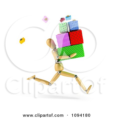 Clipart 3d Wooden Mannequin Running With A Pile Of Gift Boxes - Royalty Free CGI Illustration by stockillustrations