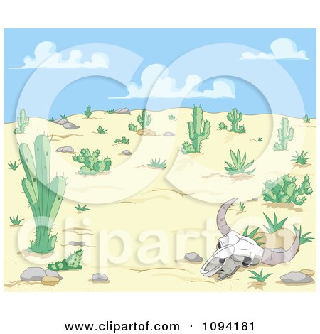 Clipart Cow Skull In A Dry Desert Landscape - Royalty Free Vector Illustration by Pushkin