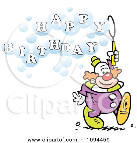 Clipart Entertainer Clown Blowing Bubbles That Read Happy Birthday - Royalty Free Vector Illustration by Johnny Sajem