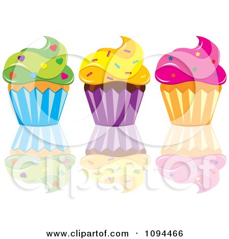 Clipart Cupcakes With Green Yellow And Pink Frosting And Sprinkles With A Reflection - Royalty Free Vector Illustration by Pams Clipart
