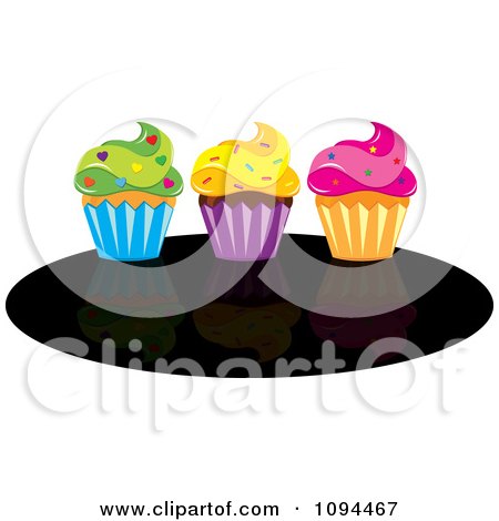 Clipart Cupcakes With Green Yellow And Pink Frosting And Sprinkles On A Black Oval - Royalty Free Vector Illustration by Pams Clipart