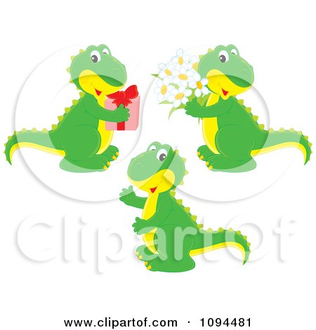 Clipart Green T Rex Dinosaurs With Flowers And A Gift - Royalty Free Vector Illustration by Alex Bannykh