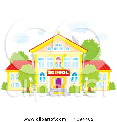 Clipart School Building Under Puffy White Clouds - Royalty Free Vector Illustration by Alex Bannykh