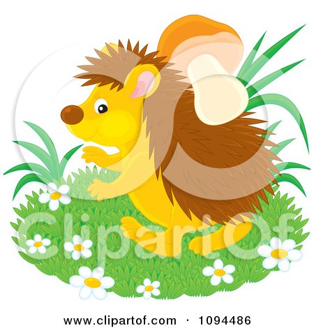 Clipart Hedgehog Gathering Mushrooms With His Spikes - Royalty Free Vector Illustration by Alex Bannykh