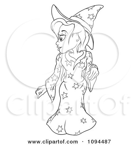 Clipart Outlined Witch In A Star Outfit Looking Over Her Shoulder - Royalty Free Vector Illustration by dero