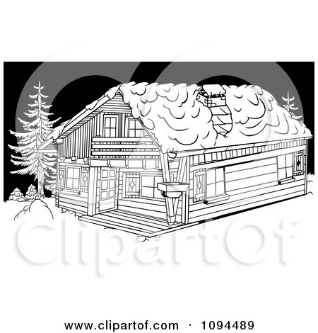 Clipart Outlined Winter Cottage In The Snow - Royalty Free Vector Illustration by dero