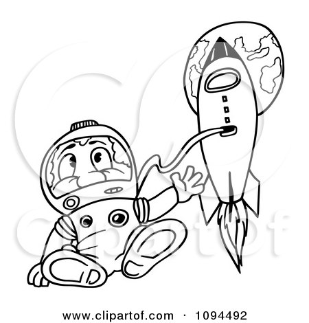 Clipart Outlined Astronaut Floating By A Rocket In Outer Space - Royalty Free Vector Illustration by dero