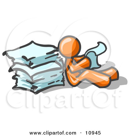 Orange Man Leaning Against a Stack of Papers Clipart Illustration by Leo Blanchette