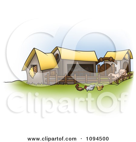 Clipart Chickens And Pigs By Barns On A Farm - Royalty Free Vector Illustration by dero