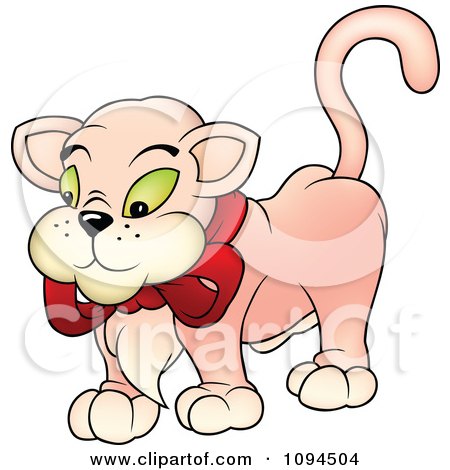 Clipart Pink Cat Wearing A Red Bow - Royalty Free Vector Illustration by dero