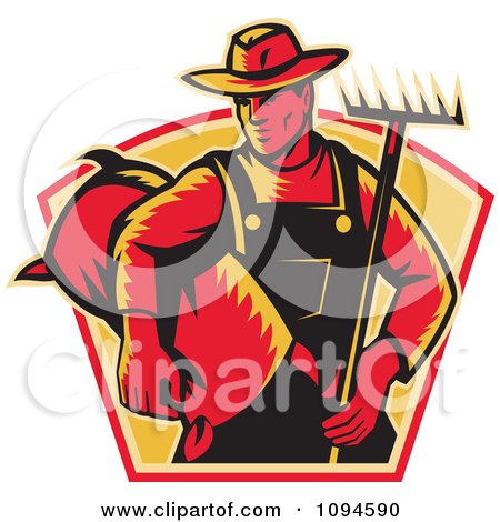 Clipart Retro Farmer Carrying A Rake And Sack - Royalty Free Vector Illustration by patrimonio