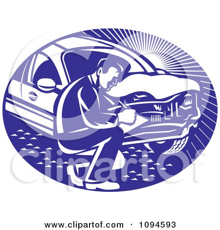 Clipart Retro Insurance Adjuster Crouching By A Damaged Car - Royalty Free Vector Illustration by patrimonio