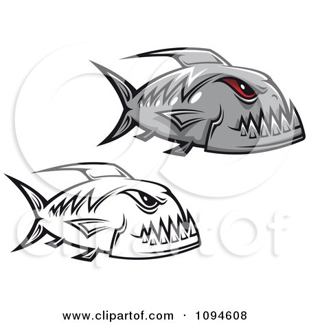 Clipart Gray And Black And White Piranha Fish - Royalty Free Vector Illustration by Vector Tradition SM