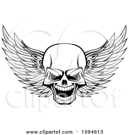 Clipart Evil Winged Skull Black And White - Royalty Free Vector Illustration by Vector Tradition SM