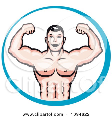 Clipart Strong Male Bodybuilder Flexing Biceps In A Blue Circle - Royalty Free Vector Illustration by Vector Tradition SM