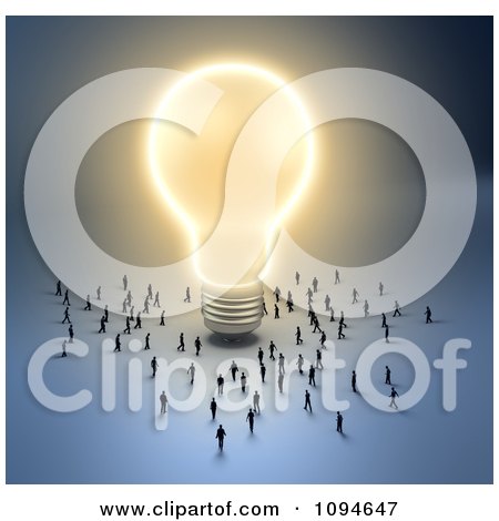 Clipart 3d Small People Gathering Around A Bright Light Bulb - Royalty Free CGI Illustration by Mopic
