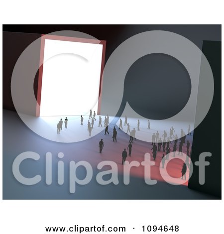 Clipart 3d Small People Walking Towards Light Shining Through A Doorway - Royalty Free CGI Illustration by Mopic