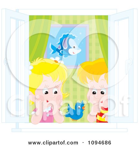 Clipart Boy And Girl Watching A Blue Bird At An Open Window - Royalty Free Vector Illustration by Alex Bannykh