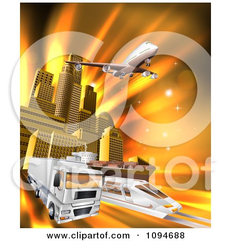 Clipart 3d Big Rig Truck Airplane And Train Leaving A City Over Orange Rays - Royalty Free Vector Illustration by AtStockIllustration