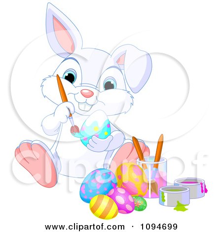 Clipart  Cute White Bunny Painting Easter Eggs - Royalty Free Vector Illustration by Pushkin