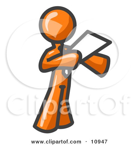 Orange Businessman Holding a Piece of Paper During a Speech or Presentation Clipart Illustration by Leo Blanchette