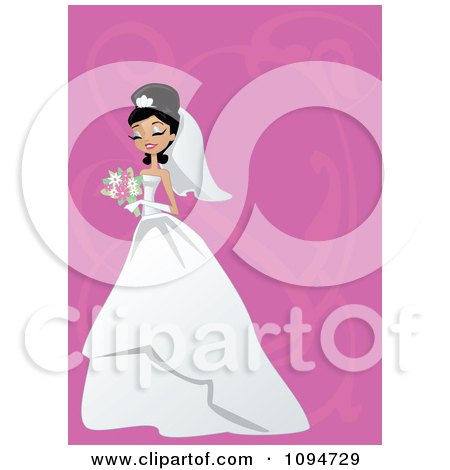 Clipart Gorgeous Black Haired Bride Holding Her Bouquet Over Pink With Swirls And Copyspace - Royalty Free Vector Illustration by peachidesigns