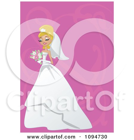 Clipart Gorgeous Blond Bride Holding Her Bouquet Over Pink With Swirls And Copyspace - Royalty Free Vector Illustration by peachidesigns