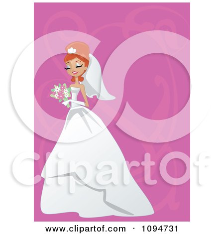 Clipart Gorgeous Red Haired Bride Holding Her Bouquet Over Pink With Swirls And Copyspace - Royalty Free Vector Illustration by peachidesigns
