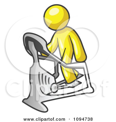 Royalty-Free (RF) Clipart Illustration of a Yellow Man Exercising on a Stair Climber During a Cardio Workout in a Fitness Gym by Leo Blanchette