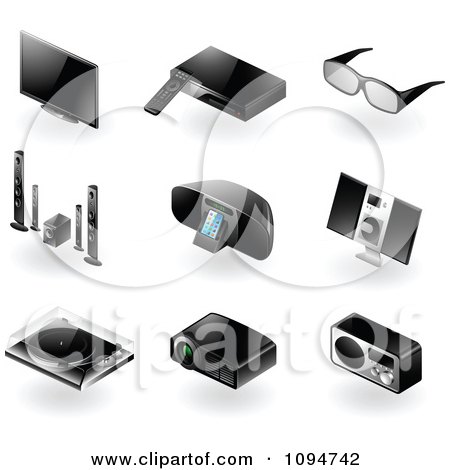 Clipart 3d Black Modern Tv And Radio Home Entertainment Icons - Royalty Free Vector Illustration by TA Images