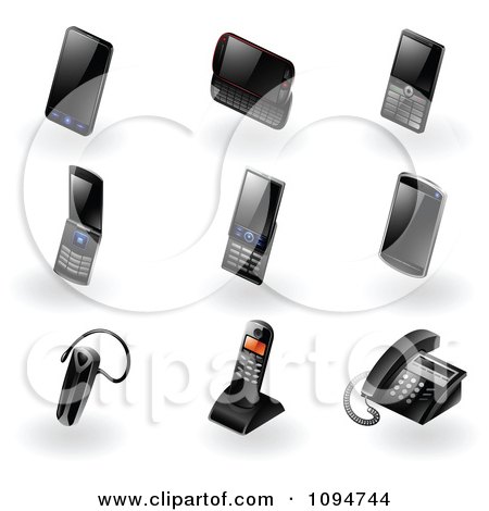 Clipart 3d Black Modern Cell Phone Ear Piece And Landline Telephone Icons - Royalty Free Vector Illustration by TA Images