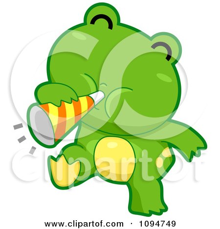 Clipart Cute Green Frog Blowing A Party Horn - Royalty Free Vector Illustration by BNP Design Studio