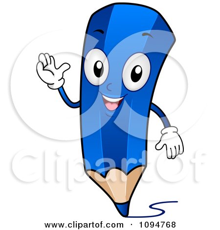 Clipart Happy Blue Pencil Waving - Royalty Free Vector Illustration by BNP Design Studio