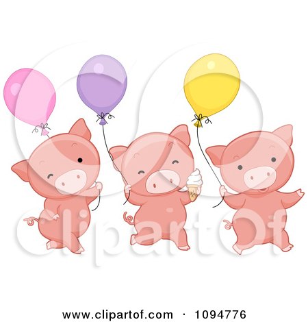 Clipart Three Cute Pigs With Ice Cream And Balloons - Royalty Free Vector Illustration by BNP Design Studio