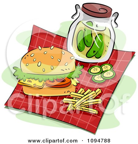 Clipart Pickle Jar With A Sandwich And Fries On A Picnic Cloth - Royalty Free Vector Illustration by BNP Design Studio
