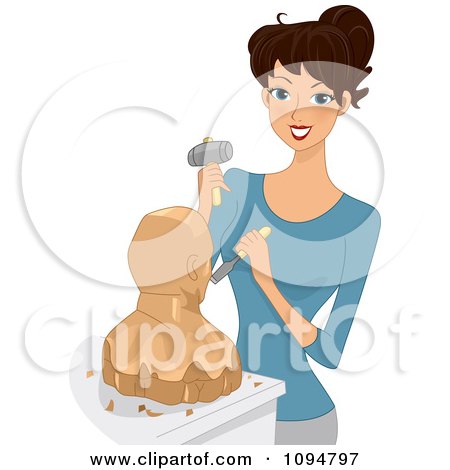 Clipart Happy Brunette Woman Working On A Wod Sculpture - Royalty Free Vector Illustration by BNP Design Studio