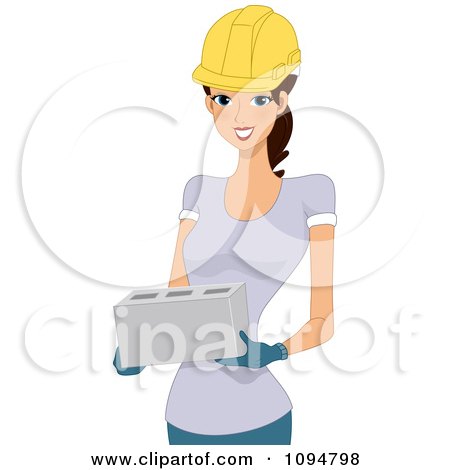Clipart Smiling Brunette Construction Worker Woman Holding A Cinderblock - Royalty Free Vector Illustration by BNP Design Studio
