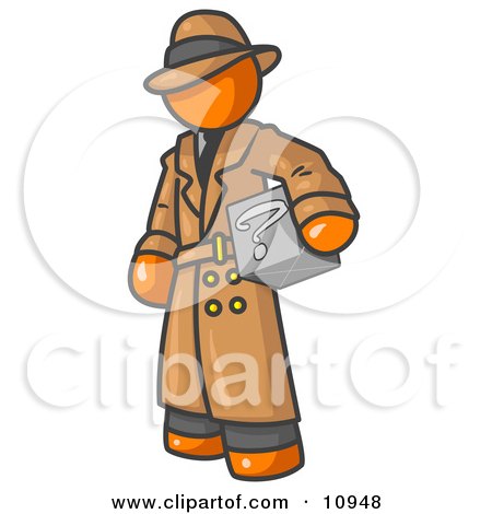 Secretive Orange Man in a Trench Coat and Hat, Carrying a Box With a Question Mark on it Clipart Illustration by Leo Blanchette