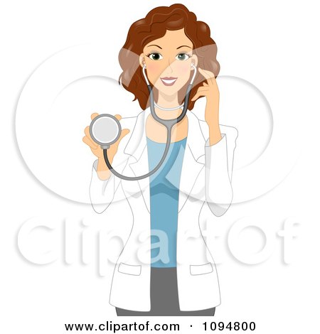 Clipart Beautiful Brunette Female Doctor Or Veterinarian Holding A Stethoscope - Royalty Free Vector Illustration by BNP Design Studio