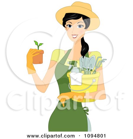 Clipart Happy Black Haired Woman Holding A Seedling Plant And Gardening Supplies - Royalty Free Vector Illustration by BNP Design Studio