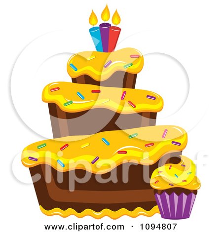 Clipart Funky Tiered Chocolate Cake And Cupcake With Yellow Frosting Sprinkles And Candles - Royalty Free Vector Illustration by Pams Clipart