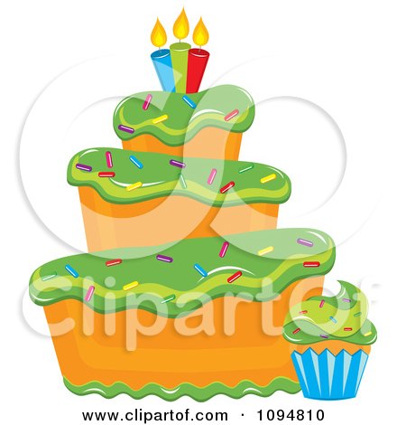 Clipart Funky Tiered Vanilla Cake And Cupcake With Green Frosting Sprinkles And Candles - Royalty Free Vector Illustration by Pams Clipart