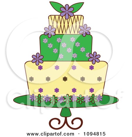 Clipart Green Purple And Yellow Layered Fondant Designed Cake - Royalty Free Vector Illustration by Pams Clipart