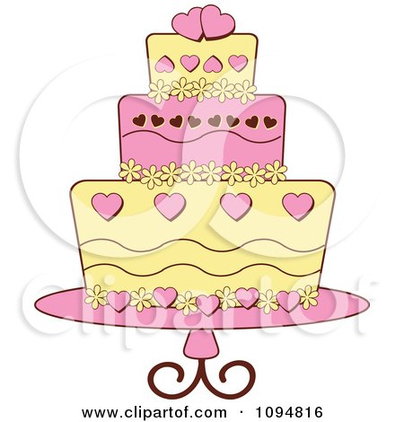 Clipart Pink And Yellow Heart And Floral Layered Fondant Designed Cake - Royalty Free Vector Illustration by Pams Clipart