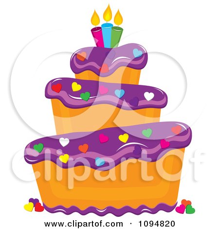 Clipart Funky Tiered Vanilla Cake With Purple Frosting Birthday Candles And Heart Sprinkles - Royalty Free Vector Illustration by Pams Clipart