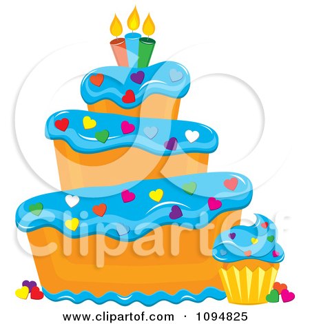 Clipart Funky Tiered Vanilla Cake And Cupcake With Blue Frosting Heart Sprinkles And Candles - Royalty Free Vector Illustration by Pams Clipart