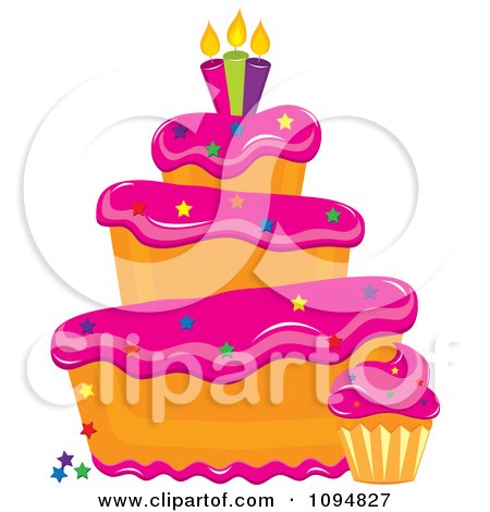 Clipart Funky Tiered Vanilla Cake And Cupcake With Pink Frosting Star Sprinkles And Candles - Royalty Free Vector Illustration by Pams Clipart