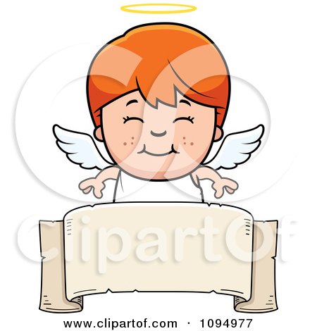 Clipart Smiling Red Haired Angel Boy Over A Banner - Royalty Free Vector Illustration by Cory Thoman
