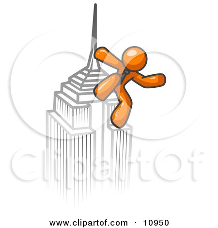 Orange Man Climbing to the Top of a Skyscraper Tower Like King Kong, Success, Achievement Clipart Illustration by Leo Blanchette