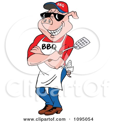 Clipart Bbq Pig Chef Wearing An Apron Shades And Holding A Spatula - Royalty Free Vector Illustration by LaffToon